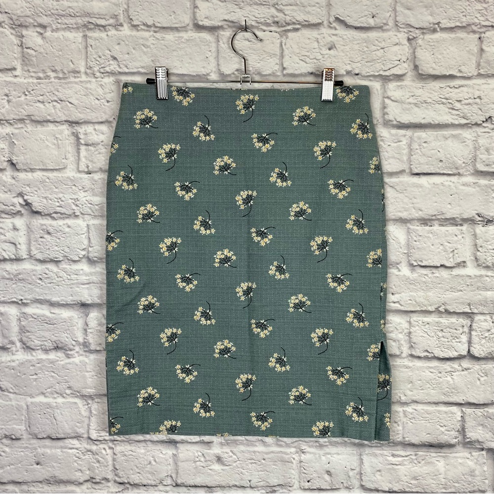 LOFT Teal Floral Daisy Woven Knit Cotton Blend Pencil Skirt with Side Slits - 6